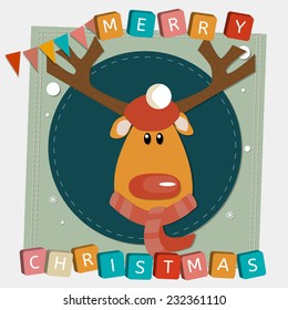 Merry Christmas and happy new year scrapbooking card with text, childish stylized image of elk, deer, moose in Santa Claus hat