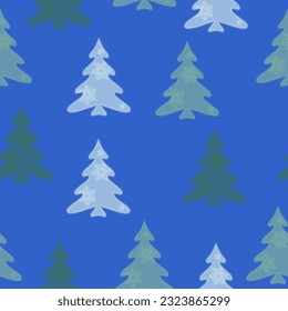 Merry Christmas, Happy New Year seamless pattern with Christmas trees for greeting cards, wrapping paper.  Doodles. Seamless colorful winter pattern on black background. Vector illustration.