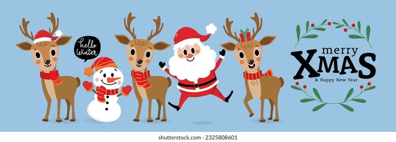 Merry Christmas and happy new year 2024 greeting card with cute Santa Claus, snowman and deer. Holiday cartoon character in winter season. -Vector 