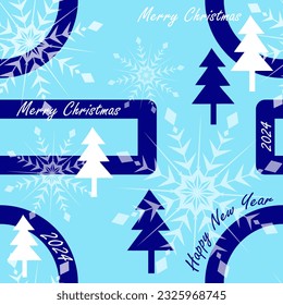 Merry Christmas and Happy New Year 2024. Abstract tricolor seamless pattern with Christmas trees and snowflakes on background. Winter vector illustration.