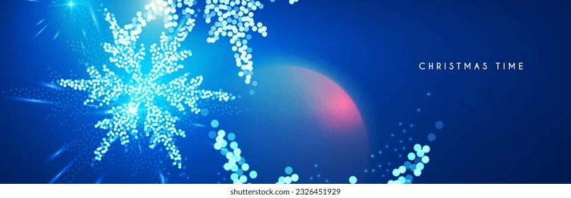 Merry Christmas and Happy New Year design with snowflakes and lights. Shining winter background