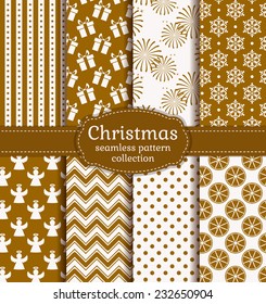 Merry Christmas and Happy New Year! Set of holiday backgrounds. Collection of seamless patterns with gold and white colors. Vector illustration.