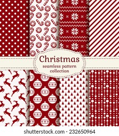 Merry Christmas and Happy New Year! Set of holiday backgrounds. Collection of seamless patterns with red and white colors. Vector illustration.