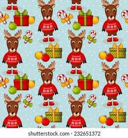 Merry Christmas and Happy New Year! Seamless pattern with deers and gifts on blue background. Vector illustration. 