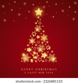 Merry Christmas and Happy New Year greeting card with Christmas tree made of golden snowflakes. Vector illustration.