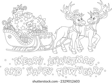 Merry Christmas and Happy New Year card with holiday gifts and toys of Santa Claus in his sleigh with reindeers before a magic journey around the World, vector cartoon illustration