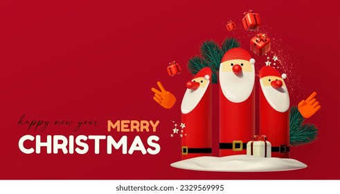 Merry Christmas and Happy New Year design template with Santa Claus, gift box and fir tree branch. Happy holidays. Special season offer