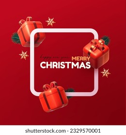 Merry Christmas and Happy New Year square banner design template with gift box. Happy holidays. Special season offer