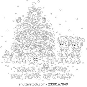 Merry Christmas and happy New Year card with a snowy decorated fir tree and a magic bag of holiday gifts for cute little kids, black and white vector cartoon illustration for a coloring book