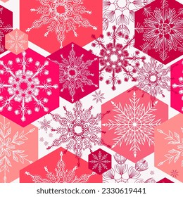 Merry Christmas, Happy New Year seamless pattern with snowflakes for greeting cards, wrapping paper. Doodles. Seamless colorful winter pattern. Vector illustration.