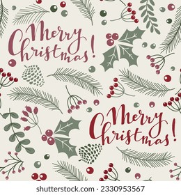 Merry Christmas, Happy New Year greeting card, wrapping paper with lettering. Brochure, poster template in Christmas style. Beautiful design and layout. Seamless winter background. Vector illustration