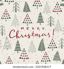 Merry Christmas, Happy New Year greeting card, wrapping paper with lettering. Brochure, poster template in Christmas style. Beautiful design and layout. Seamless winter background. Vector illustration