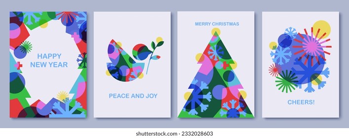 Merry Christmas and Happy New Year greeting cards, posters, holiday covers. Holiday greetings, Christmas tree, pigeon, snowflakes. Abstract colorful  geometric art.