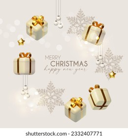 Merry Christmas and Happy New Year design template with gift box, snowflake and Santa Claus. Happy holidays. Special season offer