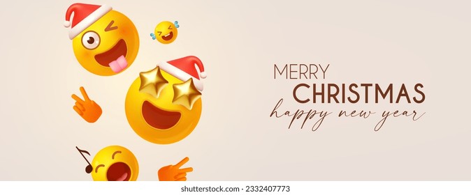 Merry Christmas and Happy New Year funny design template with smiling Santa Claus faces. Happy holidays