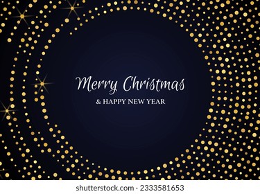 Merry Christmas and Happy New Year of gold glitter pattern in circle form. Abstract gold glowing halftone dotted background for Christmas holiday greeting card on dark background. Vector illustration