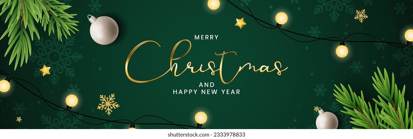 Merry Christmas and Happy New Year banner. Xmas background design with realistic pine tree branches and garland lights. 