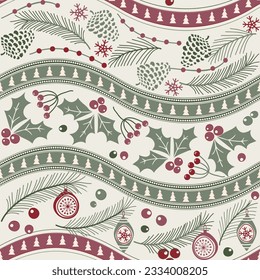 Merry Christmas, Happy New Year seamless pattern with fir cone, holly leaves and berries for greeting cards, wrapping paper. Seamless winter pattern. Vector illustration.