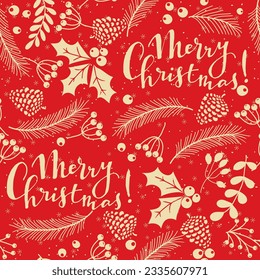 Merry Christmas, Happy New Year greeting card, wrapping paper with lettering. Brochure, poster template in Christmas style. Beautiful design and layout. Seamless winter background. Vector illustration