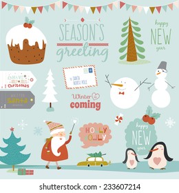 Merry Christmas And Happy New Year calligraphic and typographic wishes and winter elements. Greeting stylish illustration with santa claus and happy penguins and snowman. Scrapbooking