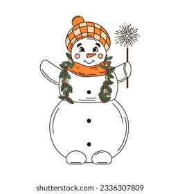 Merry Christmas and Happy New year. Snowman in trendy retro cartoon style.