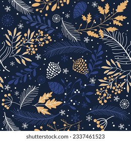 Merry Christmas, Happy New Year seamless pattern with fir cone, holly leaves and berries for greeting cards, wrapping papers. Seamless winter pattern. Vector illustration.