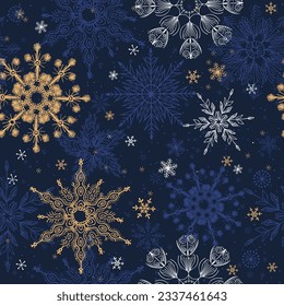 Merry Christmas, Happy New Year seamless pattern with snowflakes for greeting cards, wrapping paper. Doodles. Seamless colorful winter pattern. Vector illustration.