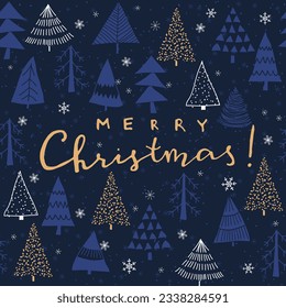 Merry Christmas, Happy New Year greeting card, wrapping paper with lettering. Brochure, poster template in Christmas style. Beautiful design and layout. Seamless winter background. Vector illustration