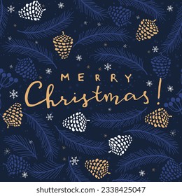 Merry Christmas, Happy New Year greeting card, wrapping paper with lettering. Brochure, poster template in Christmas style. Beautiful design and layout. Seamless winter background. Vector illustration