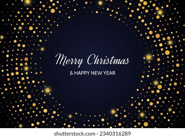 Merry Christmas and Happy New Year of gold glitter pattern in circle form. Abstract gold glowing halftone dotted background for Christmas holiday greeting card on dark background. Vector illustration