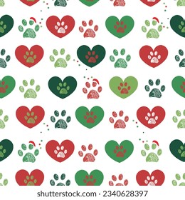 Merry Christmas and Happy new year doodle paw prints with hearts seamless fabric design repeated pattern