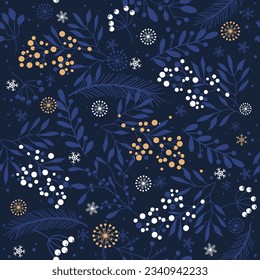 Merry Christmas, Happy New Year seamless pattern with fir branch, holly leaves and berries for greeting cards, wrapping paper. Seamless winter pattern. Vector illustration.