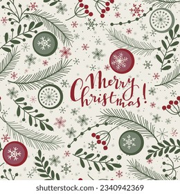 Merry Christmas, Happy New Year greeting card, wrapping paper with lettering. Brochure, poster template in Christmas style. Beautiful design and layout. Seamless winter background. Vector illustration