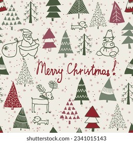 Merry Christmas, Happy New Year greeting card, wrapping paper with lettering. Brochure, poster template in Christmas style. Beautiful design and layout. Seamless winter background. Vector illustration
