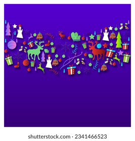 Merry Christmas and Happy New Year greeting card with the participation of Santa Claus, reindeer, christmas tree and seasonal elements. For posters, banners, sales and other winter events.