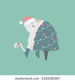 merry christmas and happy new year with cute cat and christmas tree pine in the winter season green background, flat vector illustration cartoon character costume design