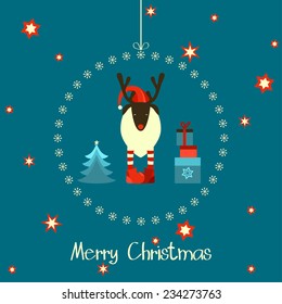 Merry Christmas! Happy New Year! Tree. Holiday card with deer.