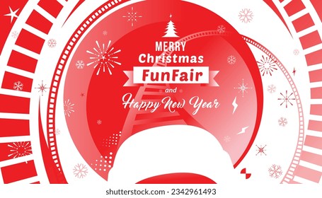 Merry Christmas and Happy New Year with amusement funfair, snowflakes and fireworks background. Vector illustration