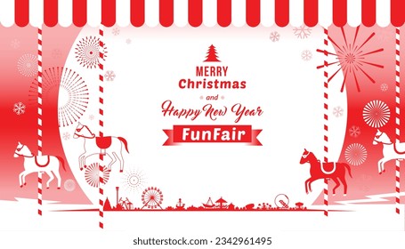 Merry Christmas and Happy New Year with amusement funfair, snowflakes and fireworks background. Vector illustration