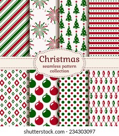 Merry Christmas and Happy New Year! Set of holiday backgrounds. Collection of seamless patterns with red, green and white colors. Vector illustration.