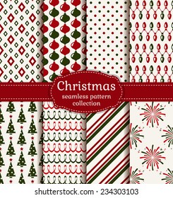 Merry Christmas and Happy New Year! Set of  holiday backgrounds. Collection of seamless patterns with red, green and white colors. Vector illustration.