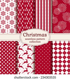 Merry Christmas And Happy New Year! Set Of  Holiday Backgrounds. Collection Of Seamless Patterns With Red And White Colors. Vector Illustration.