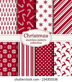 Merry Christmas and Happy New Year! Set of winter holiday backgrounds. Collection of seamless patterns with red and white colors. Vector illustration.