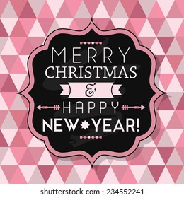 Merry Christmas & Happy New Year! - Flat vintage chalk badge on pink triangle seamless pattern background