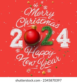 Merry Christmas and Happy New Year 2024 greeting card, red background,  hand written, vector illustration