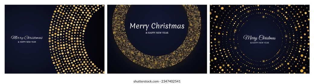 Merry Christmas and Happy New Year backdrops with gold glitter pattern in circle form. Set of abstract gold glowing halftone dotted backgrounds for Christmas holiday greeting card on dark background