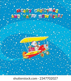 Merry Christmas and happy New Year card with a toy snowman piloting a small colorful plane with a magical bag of holiday gifts through snowfall, vector cartoon illustration