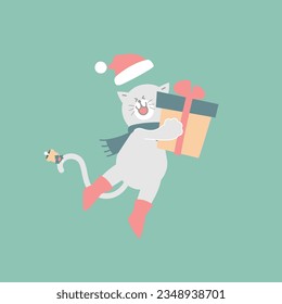 merry christmas and happy new year with cute cat and present gift box in the winter season green background, flat vector illustration cartoon character costume design