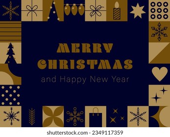 Merry Christmas and Happy new year modern design. Holiday card. Symbols of celebration. Golden design. Christmas Card with Geometric decoration