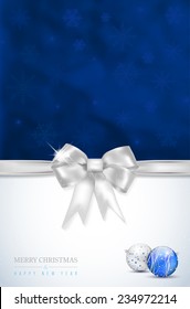 Merry Christmas and Happy New Year card with silver bow, snowflakes and shiny christmas balls. Place for your text - vector illustration.